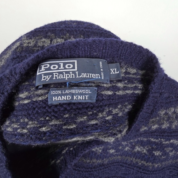 Vintage Polo Ralph Lauren XL Blue Fair Isle Lambswool Hand Knit Pullover Sweater - Picture 6 of 8